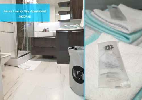 two pictures of a bathroom with towels and a trash can at Azure Luxury Sky Apartment in Skopje