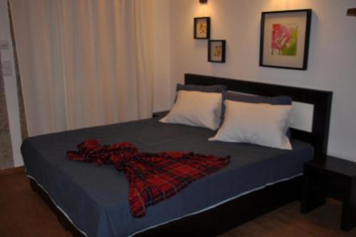 a bedroom with a bed with a red blanket on it at Quinta do Olival in Vilas Boas