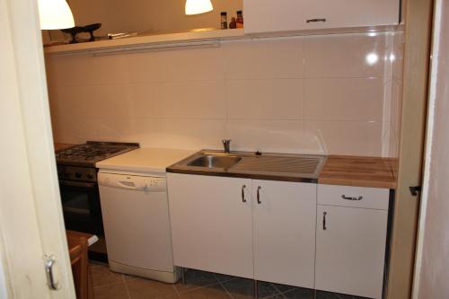 a small kitchen with a sink and a stove at Apartments Sabadin in Portorož