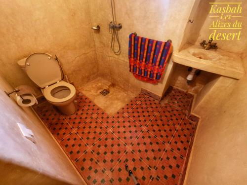 an overhead view of a bathroom with a toilet and a shower at Kasbah Les Alizes Du Desert in Mhamid