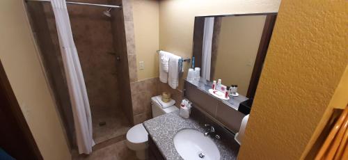 a bathroom with a toilet and a sink and a shower at Travelodge by Wyndham Kanab in Kanab