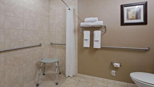 a bathroom with a shower with a stool and a toilet at Best Western Plus Miami Intl Airport Hotel & Suites Coral Gables in Miami