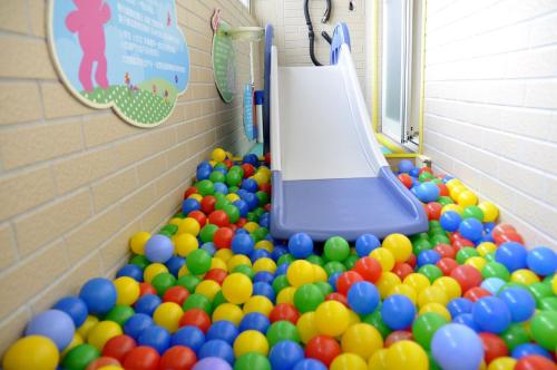 a room with a bunch of balls and a slide at Sky Bird Garden B&B in Wujie