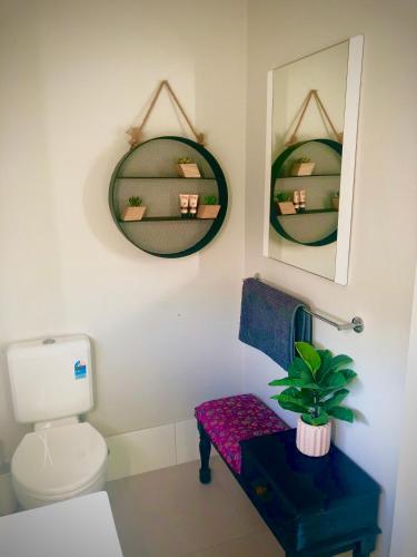 a bathroom with a toilet and two mirrors on the wall at Yours and Theirs Pet Friendly Accommodation in Myrtleford