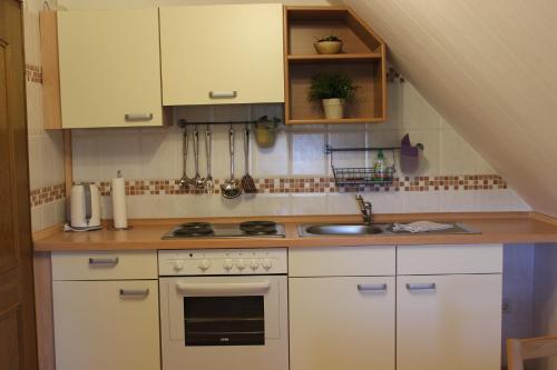 a kitchen with white cabinets and a stove and a sink at Ferienhof Pankalla in Neubruchhausen