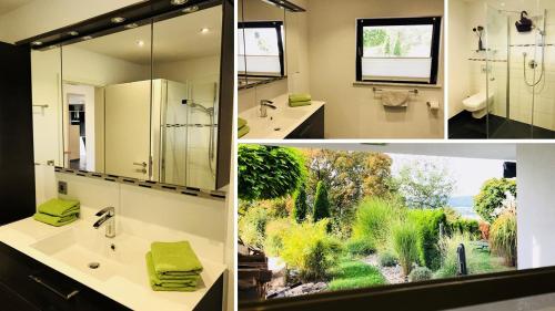 two pictures of a bathroom with a sink and a mirror at Ferienwohnung Haid Bodensee, Umgebung Bodman-Ludwigshafen, Radolfzell, Überlingen, Luxus FeWo Haid in Stockach