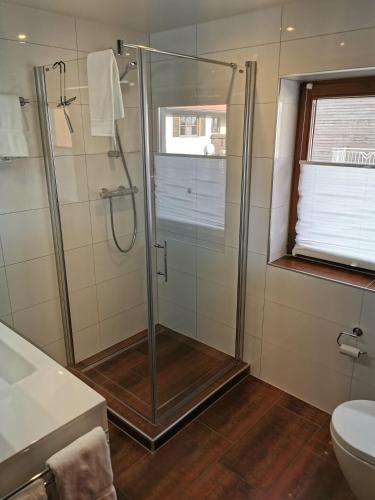 a bathroom with a shower with a sink and a toilet at Ferienhaus-Haidweg-Wohnung-2 in Haidmühle