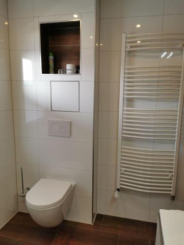 a white bathroom with a toilet and a shower at Ferienhaus-Haidweg-Wohnung-2 in Haidmühle