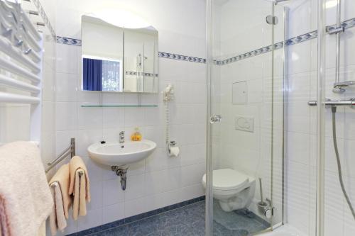 a bathroom with a shower and a sink and a toilet at Waldschloss Parow in Ostseebad Koserow