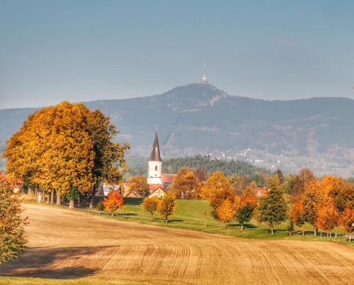ein Feld mit einer Kirche und Bäumen mit einem Hügel im Hintergrund in der Unterkunft Apartmány Slunce in Osečná