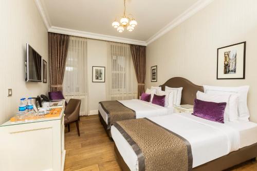 イスタンブールにあるメロッディ ガラタ マンションのホテルルーム 紫色の枕 ベッド2台付