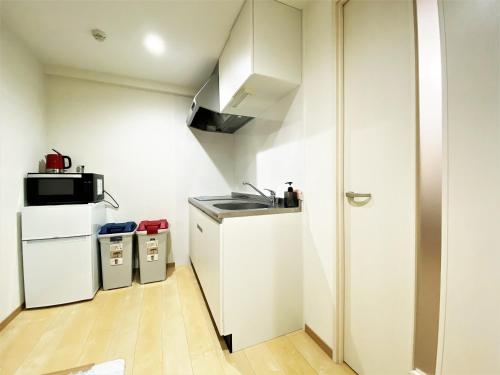 a small kitchen with a sink and a refrigerator at Randor Hotel Fukuoka in Fukuoka