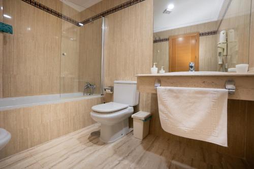 La salle de bains est pourvue de toilettes, d'une douche et d'un lavabo. dans l'établissement Apartamentos Jimmy, à Nerja