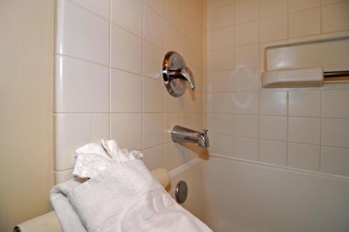 a bathroom with a shower with a towel on the tub at Pelican Inn in Monterey