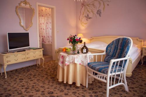 ein Schlafzimmer mit einem Tisch, einem Bett und einem TV in der Unterkunft Hotel Garni Regina in Gößweinstein