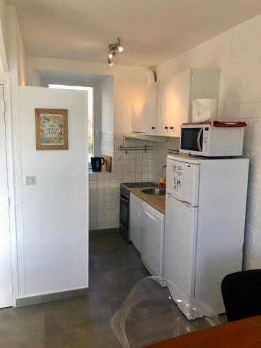La cuisine est équipée d'un réfrigérateur blanc et d'un four micro-ondes. dans l'établissement Le Pressoir de la Gervaiserie - 300m de la plage, à Réville