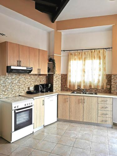 a kitchen with wooden cabinets and white appliances at Villa PANGALIS Romantica in Kato Pavliana