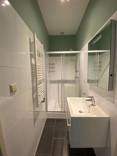 a white bathroom with a shower and a sink at Apartement City Centre with roof terrace and parking with additional costs in The Hague
