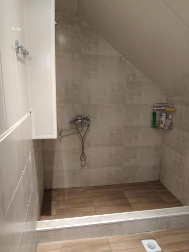 a bathroom with a shower under the stairs at Old Tbilisi Apartments in Tbilisi City