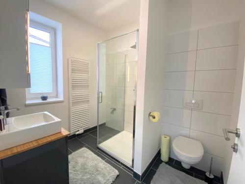 a bathroom with a shower and a toilet and a sink at White Inn - Kuschelige Ferienwohnung in Mürzzuschlag