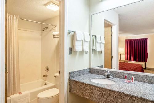 ein Badezimmer mit einem Waschbecken, einem WC und einem Spiegel in der Unterkunft Econo Lodge in Acworth