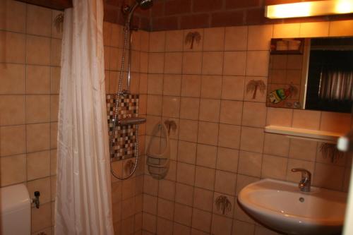 y baño con ducha y lavamanos. en Rekerlanden 97 en Schoorldam