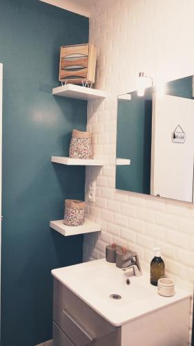 une salle de bain avec un lavabo et un miroir dans l'établissement Escapade en Provence, bord de mer à 10 minutes, à Puget-sur Argens