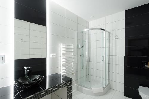 a bathroom with a glass shower and a sink at Kompleks Zagroń Istebna in Istebna