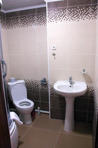 a bathroom with a toilet and a sink at Zhaylau Hotel in Shchūchīnsk