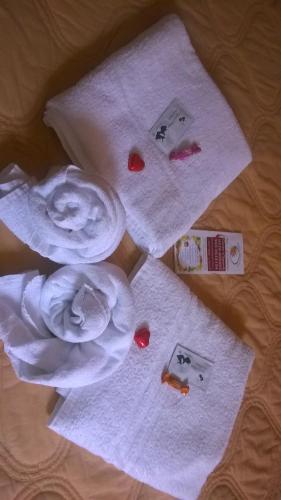 a group of towels on a bed with red sauce at B&B La Dimora delle Calendule in Virgilio