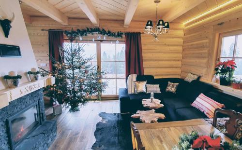 a living room with a christmas tree and a couch at Koniakowo - dom Albino in Koniaków