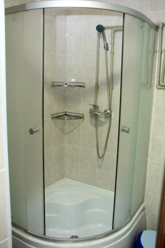 a shower with a glass door in a bathroom at Zhaylau Hotel in Shchūchīnsk