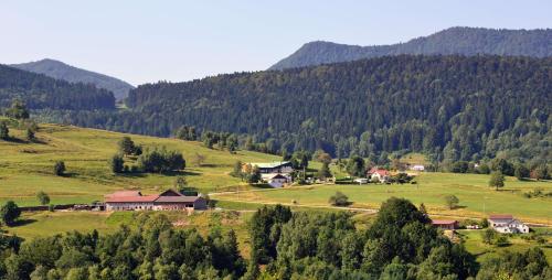 un groupe de maisons dans une vallée avec des montagnes dans l'établissement Hébergement François Mathieu, à Saint-Maurice-sur-Moselle