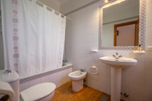a bathroom with a toilet and a sink and a mirror at Chalet Pedro I in Conil de la Frontera