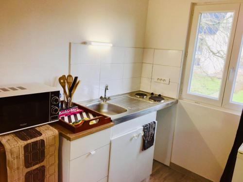 a small kitchen with a sink and a microwave at Refuge des voyageurs in Plouédern