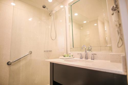 uma casa de banho com um lavatório e um chuveiro com um espelho. em The Jamaica Pegasus Hotel em Kingston