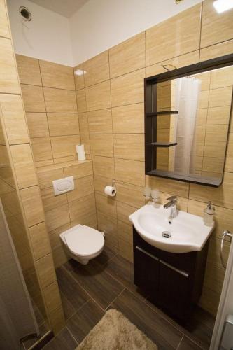a bathroom with a sink and a toilet and a mirror at M7 Galéria Panzió in Letenye
