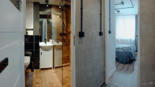 een badkamer met een douche, een wastafel en een toilet bij Apartament Centrum 2 sypialnie i salon in Szklarska Poręba