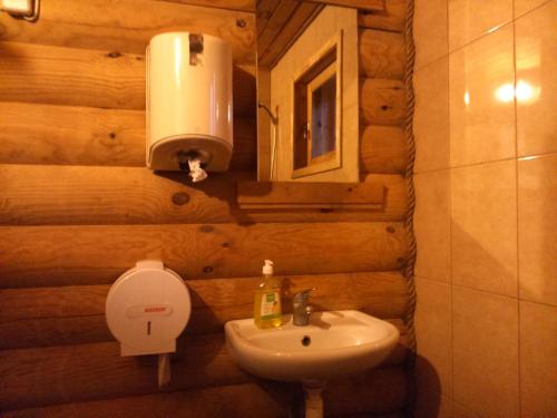 La salle de bains est pourvue d'un lavabo, de toilettes et d'un miroir. dans l'établissement Kakulaane Tourism Farm, à Lauküla