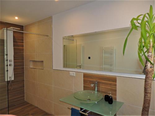 een badkamer met een wastafel en een spiegel bij Ferienwohnungen Krause in Cochem