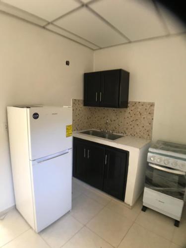 cocina con nevera blanca y fregadero en Apartamentos Doña Amelia, en Chitré