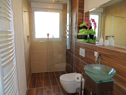 a bathroom with a sink and a toilet and a window at Ferienwohnungen Krause in Cochem