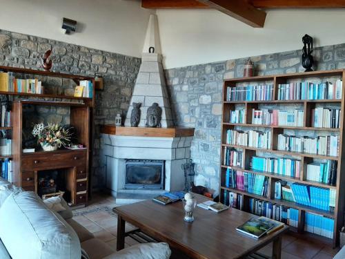 a living room with a fireplace and bookshelves filled with books at Hotel Rural El Rexacu in Bobia de Arriba