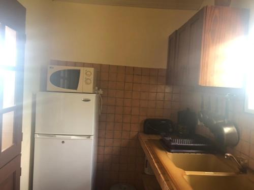 a kitchen with a white refrigerator and a sink at Belle vue in La Trinité