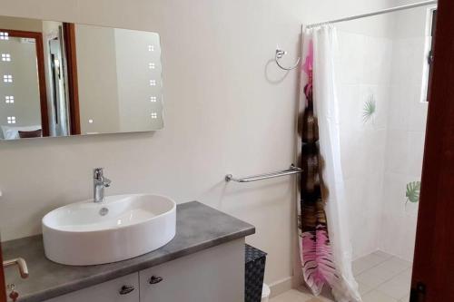 a bathroom with a sink and a shower at Villa Tiarenui in Maharepa