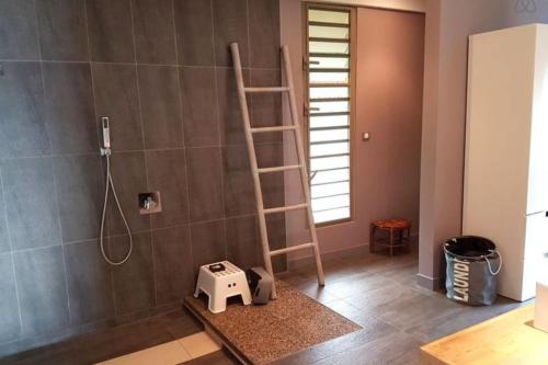 a bathroom with a shower with a ladder and a scale at Villa Meheana in Moorea