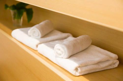 dos pilas de toallas sentadas en un estante en Kitahama Sumiyoshi en Takamatsu