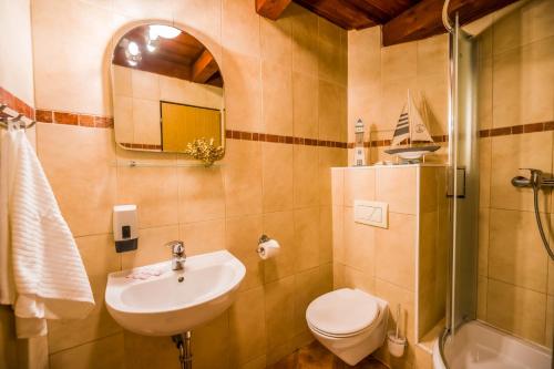 La salle de bains est pourvue d'un lavabo, de toilettes et d'une douche. dans l'établissement La Port, à Znojmo