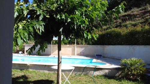 een zwembad met een tafel en een boom bij LES TILLEULS in Riez
