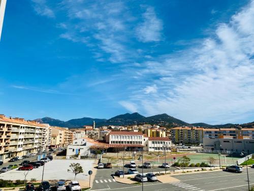 une ville avec des voitures garées dans un parking dans l'établissement Studio tout confort en centre ville, à Propriano